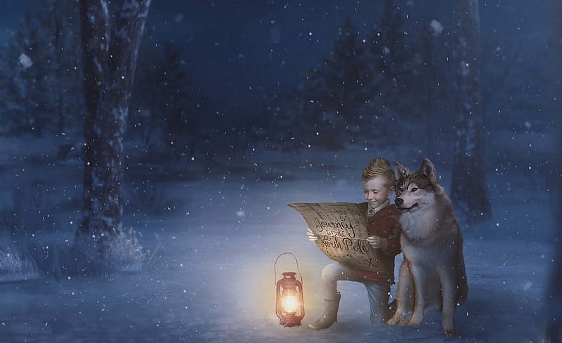 To the North Pole, kimberly scott, lantern, creative, boy, fantasy, copil, child, wolf, map, light, blue, night, HD wallpaper