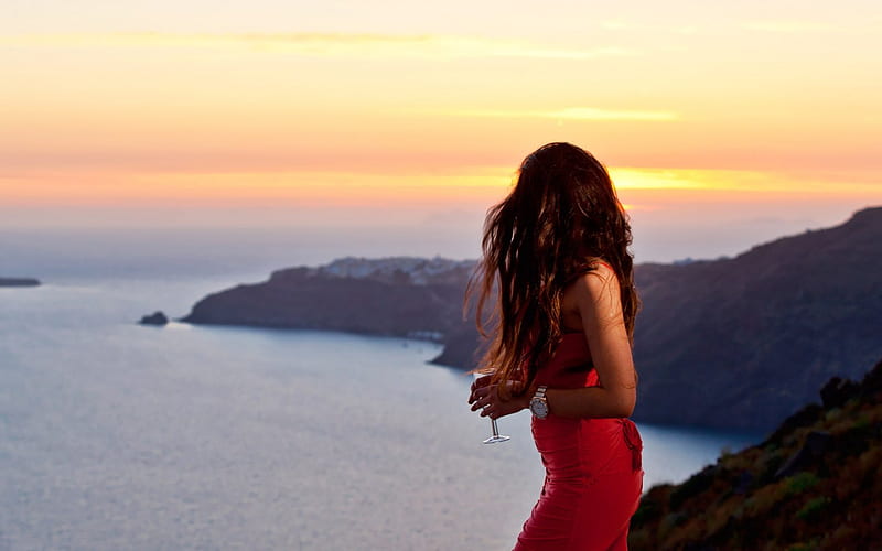 Santorini, dress, romantic, travel, bonito, sky, woman, Greece, girl, beautiful woman, HD wallpaper