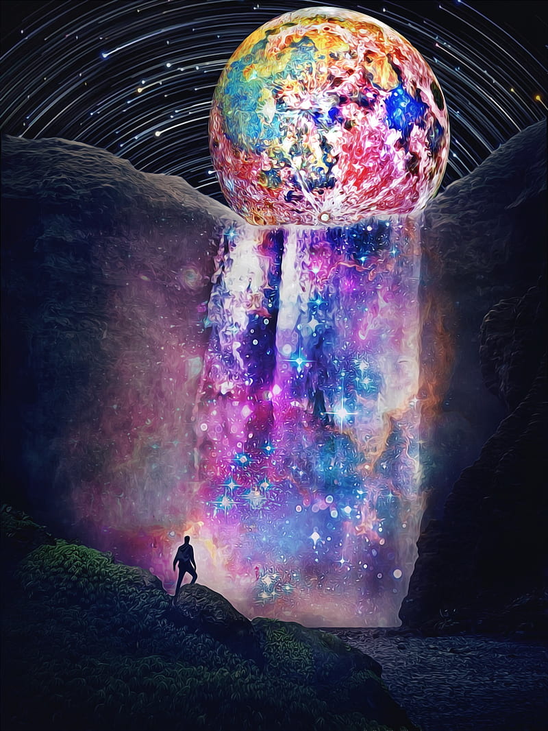 A Cascade Of Stars, GEN_Z__, adventure, adventurer, black, blue, cliff, collage, color, digital, digital-manipulation, green, lonely, magic, magical, man, mauve, moon, multicolour, nature, night, manipulation, pink, poetic, red, space, startrails, surreal, travel, waterfall, wild, yellow, HD phone wallpaper