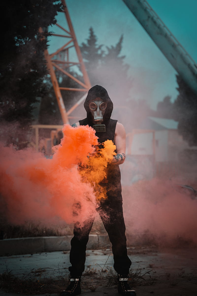 man, gas mask, mask, smoke, orange, HD phone wallpaper