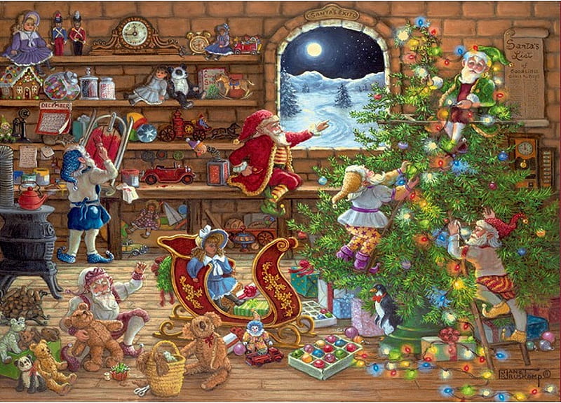 Santa's helpers, elf, gnome, interior, painting, pictura, dwarf, gifts, art, christmas, craciun, HD wallpaper