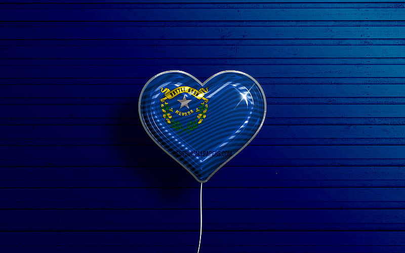 I Love Nevada, realistic balloons, blue wooden background, United States of America, Nevada flag heart, flag of Nevada, balloon with flag, American states, Love Nevada, USA, HD wallpaper