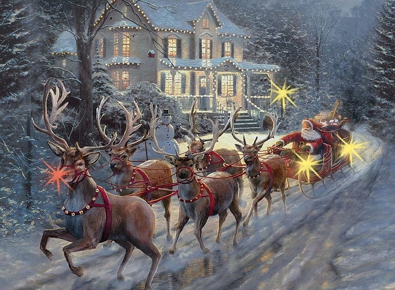 Here comes Santa lighted wrapped, house, santa, christmas, craciun, painting, reindeer, pictura, thomas kinkade, HD wallpaper