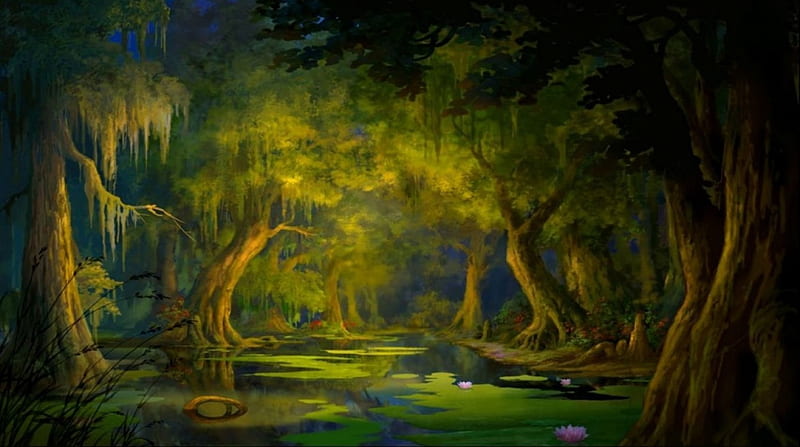 Princess Frog, pond, forest, painting, flowers, trees, artwork, HD wallpaper
