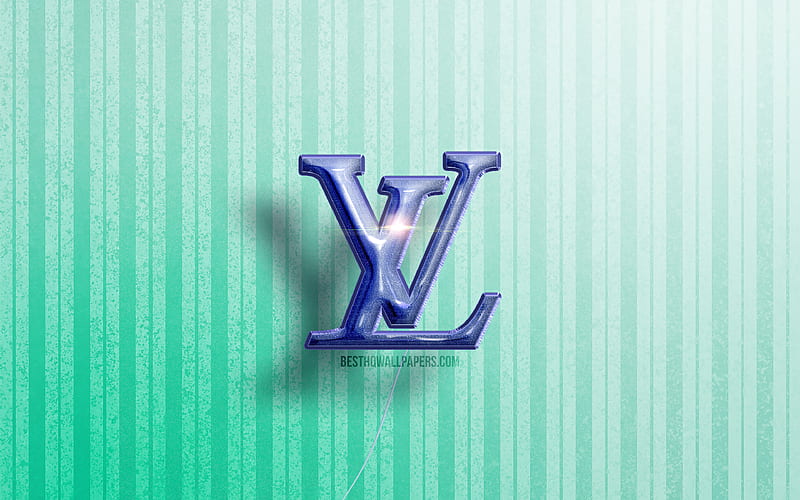 Louis Vuitton logo, violet realistic balloons, Louis Vuitton 3D logo, blue  wooden backgrounds, HD wallpaper