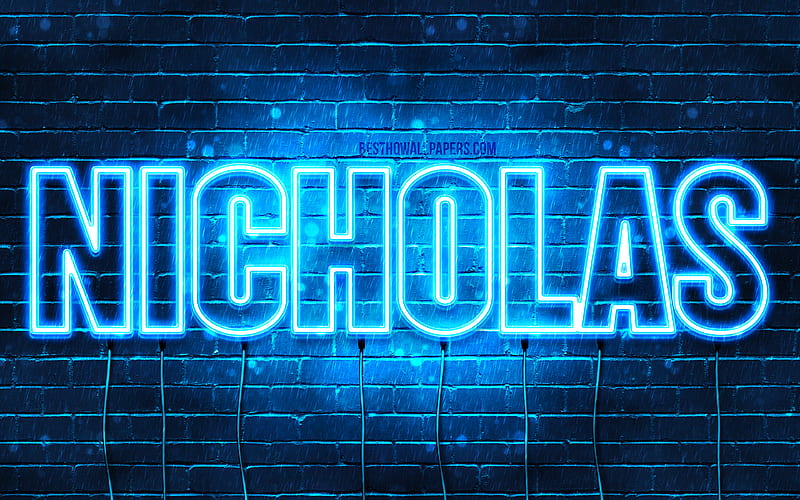 Nicholas with names, horizontal text, Nicholas name, blue neon lights, with Nicholas name, HD wallpaper