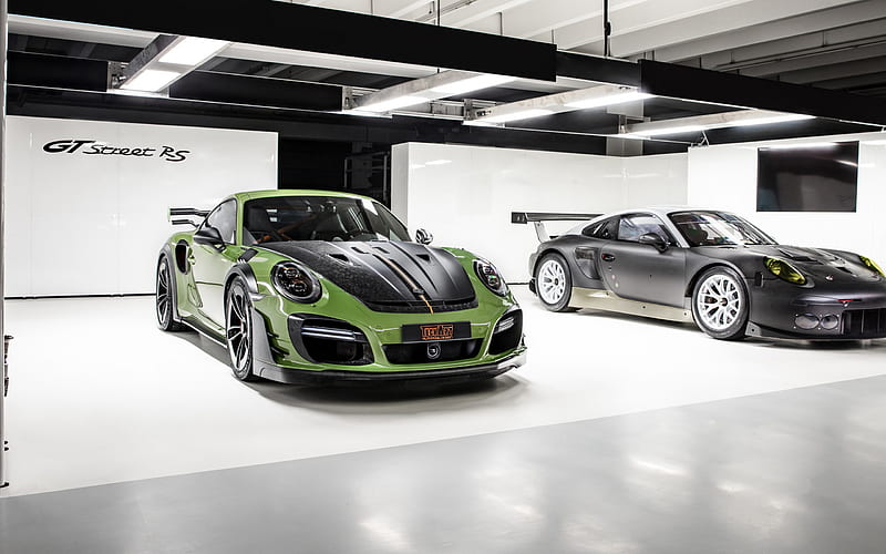Porsche 911 GT STREET RS, 2019, Turbo, TechArt, new green-black 911 GT, front view, sports car, German sports cars, Porsche, HD wallpaper