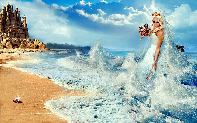 Sea Princess, waves, woman, clouds, sea, beach, sand, water, shells, castle, princess, sandcastle, HD wallpaper