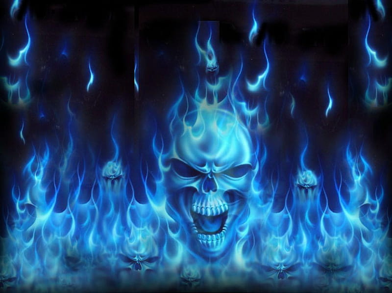 FLAMING BLUE SKULLS, skulls, fantasy, 3d, head, bones, blue, HD wallpaper
