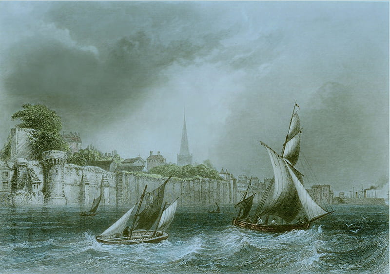 Sailing near the walls of Southampton, water, walls, sailing, waves, sky, old, HD wallpaper