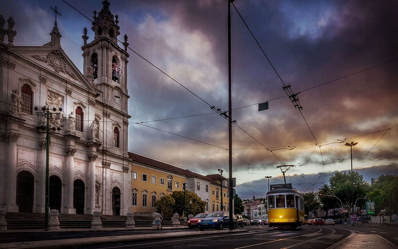 yellow tram, lisbon, street, gloomy morning, church, portugal, HD wallpaper