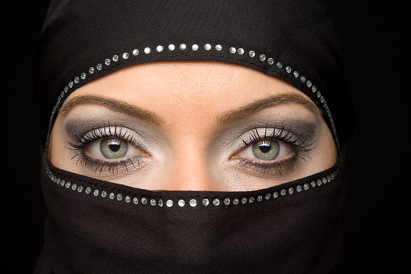 ORIENTAL BEAUTY, lovely, veil, arabic, black, bonito, woman, graphy, nice, cool, girl, oriental, makeup, beauty, face, eyes, HD wallpaper