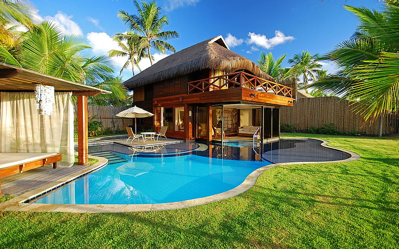 Summer Time, architecture, pretty, house, grass, umbrella, clouds, modern, beauty, chair, swimming, luxury, table, lovely, houses, relax, sky, trees, pool, palms, water, colorful, bonito, villa, bed, green, chairs, blue, poolhouse, view, balcony, swimming pool, colors, desenho, tree, thatch, swim, peaceful, summer, nature, sofa, HD wallpaper