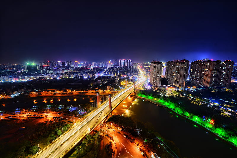 night city, city lights, lighting, aerial view, HD wallpaper