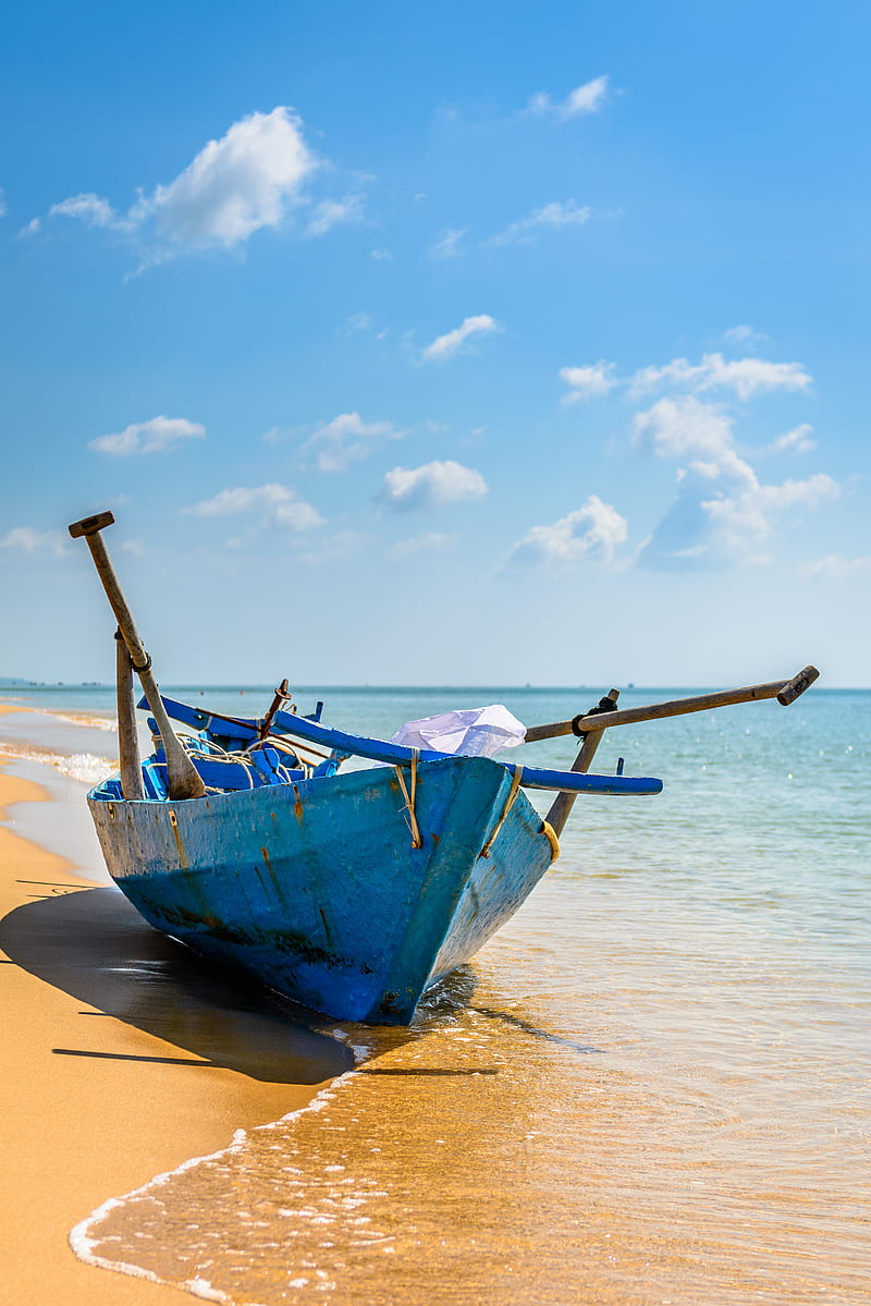 fishing boat, beach, water, sea, clouds, blue, sand, HD phone wallpaper