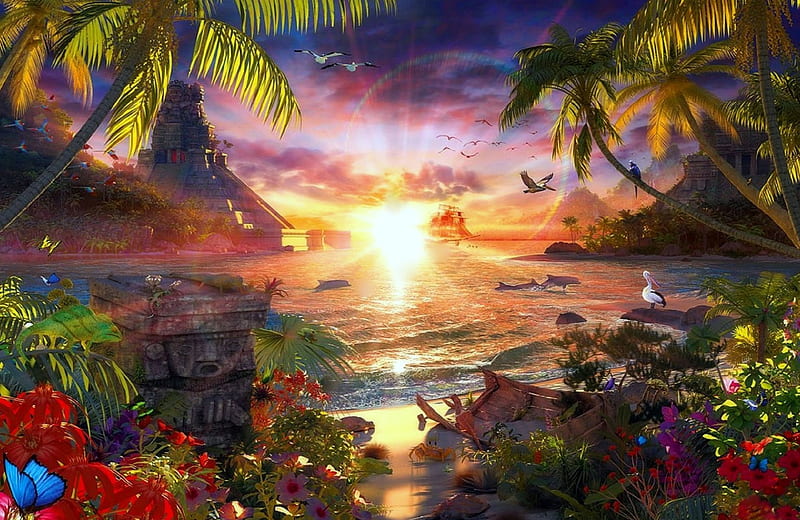 Summer of Paradise, coconut trees, love four seasons, birds, butterflies, attractions in dreams, waterscapes, paintings, paradise, beaches, sunsets, summer, flowers, nature, forests, butterfly designs, animals, HD wallpaper