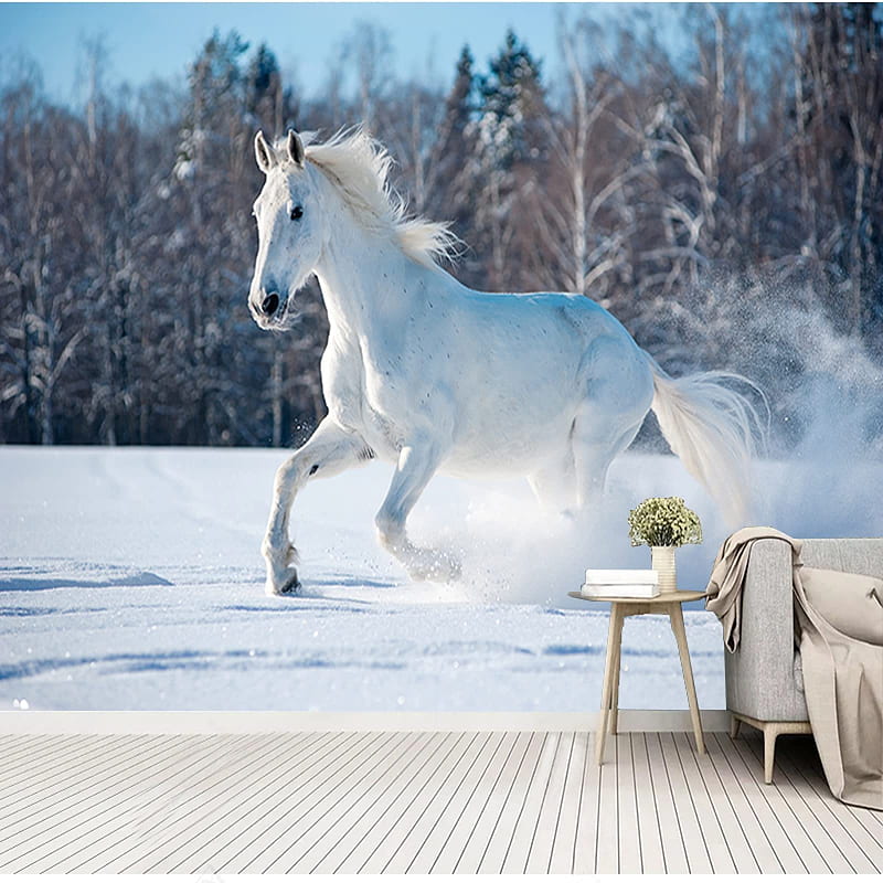 Running White Horse Wall Mural, 3D Winter Snow Forest , Home Decor TV Background Large Art Wall Painting for Living Room Bedroom 157x 110(W x H)(It's not Peel and Stick), HD phone wallpaper