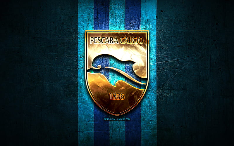 Delfino Pescara FC, golden logo, Serie B, blue metal background, football, Delfino Pescara 1936, italian football club, Delfino Pescara logo, soccer, Italy, Pescara FC, HD wallpaper