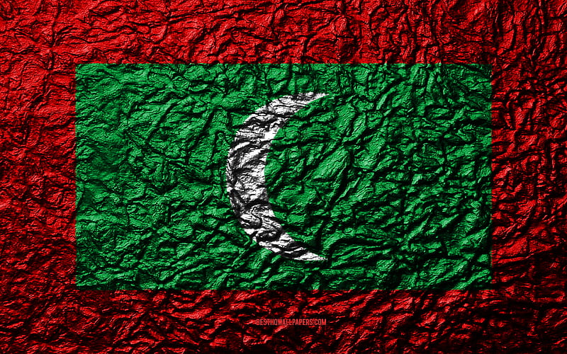 Flag of Maldives stone texture, waves texture, Maldives flag, national symbol, Maldives, Asia, stone background, HD wallpaper