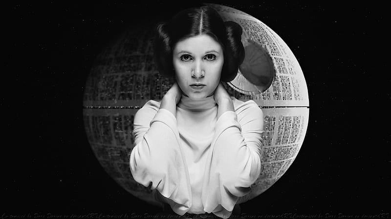 Carrie Fisher Princess and The Death Star, celebrities, actrice, people, carrie fisher, princess and the death star, black and white, HD wallpaper