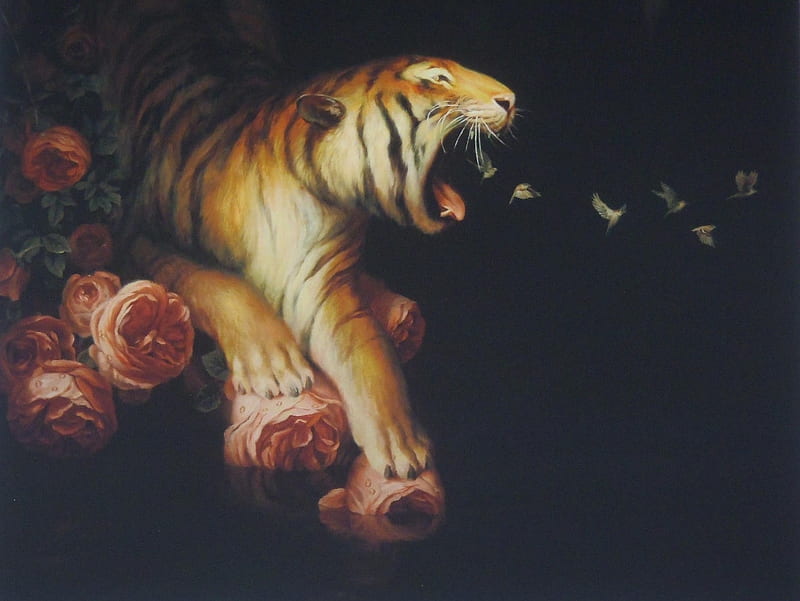 Nocturne, tiger, tigru, animal, art, rose, martin wittfooth, black, fantasy, butterfly, painting, flower, pink, pictura, HD wallpaper