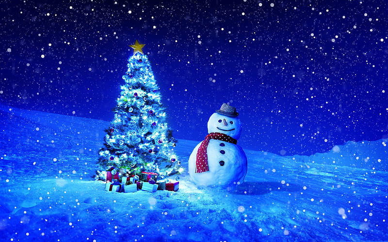 snowman, winter, new year tree, christmas decorations, xmas backgrounds, new years eve, christmas concepts, happy new year, xmas decorations, background with snowman, HD wallpaper