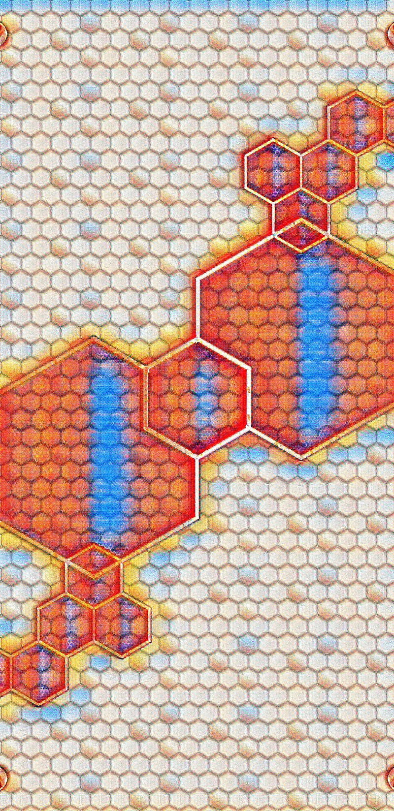 Hex Scale 20, abstract, blue, gray, hexagon, honeycomb, orange, pattern, red, yellow, HD phone wallpaper
