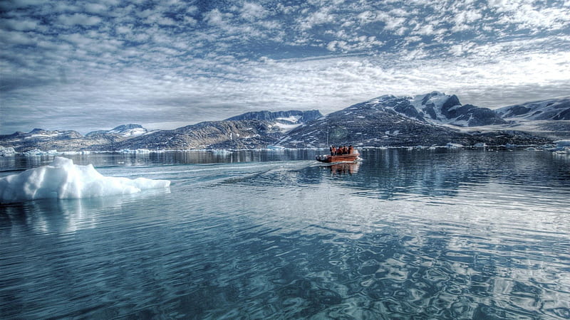 research boat in the north country, boat, mountains, ice, clouds, sea, HD wallpaper