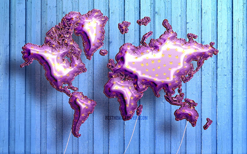 Violet Realistic Balloons world map 3D maps, World Map Concept, artwork, blue wooden background, Violet balloons, creative, 3D world map, Violet World Map, World Map, HD wallpaper