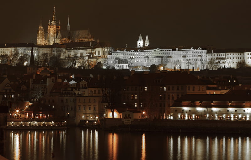 Prague, Castle at Night, water, reflection, castle, lights, HD wallpaper