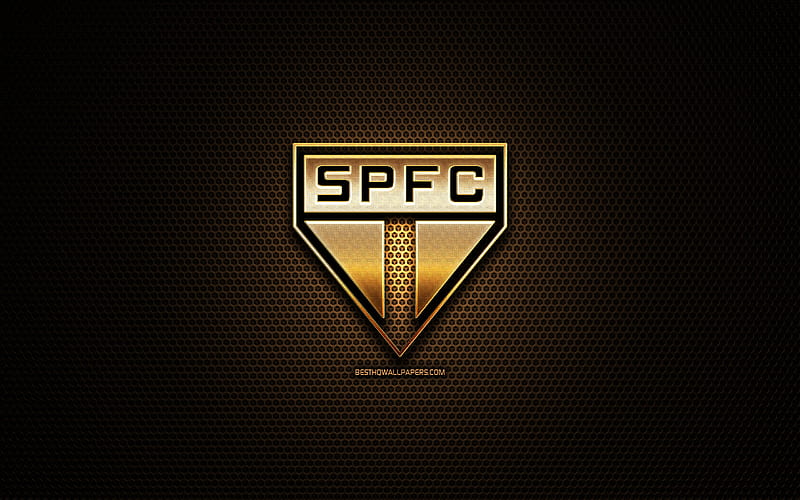 Sao Paulo FC, glitter logo, Seria A, brazilian football club, metal grid background, Sao Paulo glitter logo, football, soccer, SPFC, Brazil, HD wallpaper