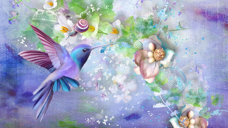 Hummingbird Glory, snail, lace, spring, collage, hummingbird, bird, summer, flowers, nature, HD wallpaper