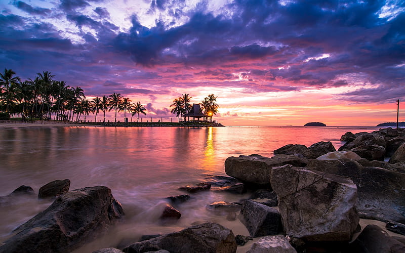 ocean, tropical island, dawn, shore, morning, tropics, HD wallpaper