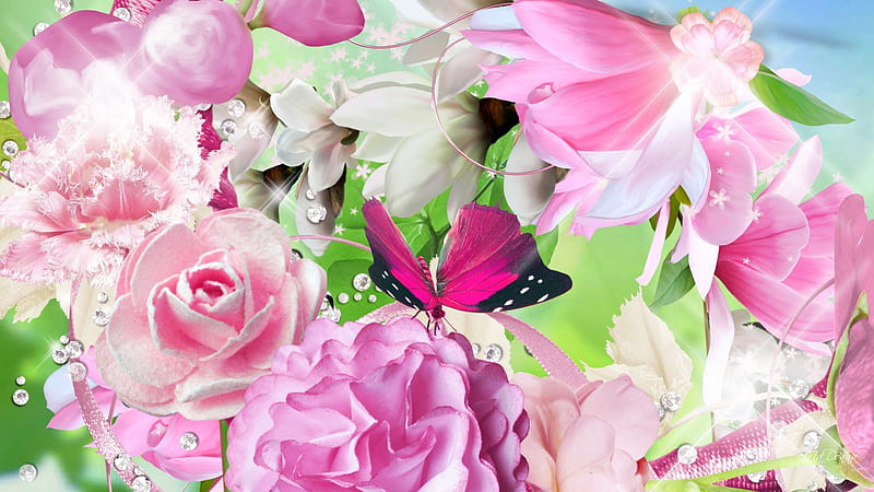 Summer Bouquet, flowers, spring, roses, floral, peony, butterfly, bouquet, summer, papillon, flowers, pink, HD wallpaper