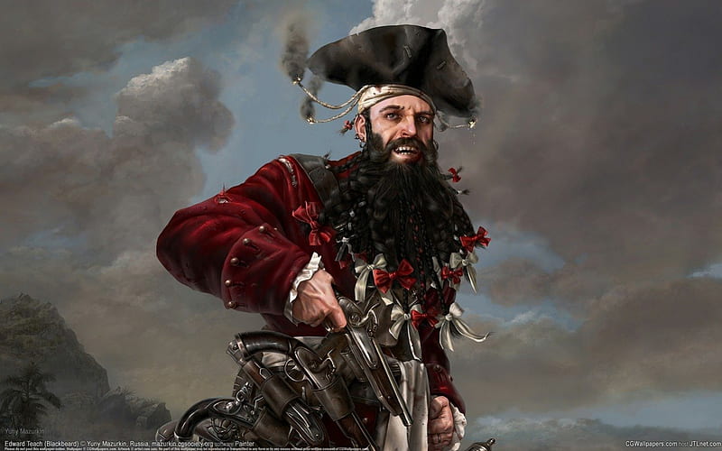 blackbeard, beard, weapons, red, pirate, HD wallpaper