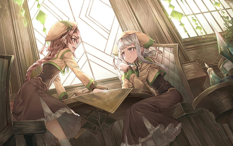 cute anime girls, friends, braids, books, purple eyes, smiling, Anime, HD wallpaper cute anime girls, friends, braids, books, purple eyes, smiling, Anime, HD wallpaper
