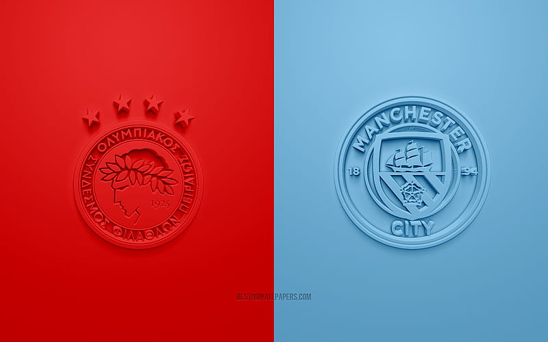 Olympiacos vs Manchester City FC, UEFA Champions League, Group С, 3D logos, red blue background, Champions League, football match, Manchester City FC, Olympiacos, HD wallpaper