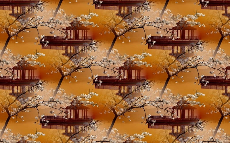 Texture, pattern, orange, japanese, tree, flower, temple, paper, white, HD wallpaper