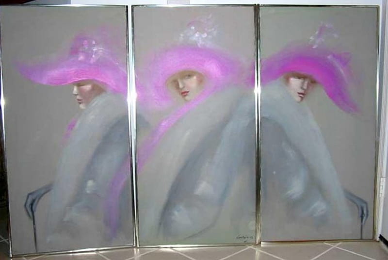 Woman - Triptych, painter, fine art, pink, gray, HD wallpaper