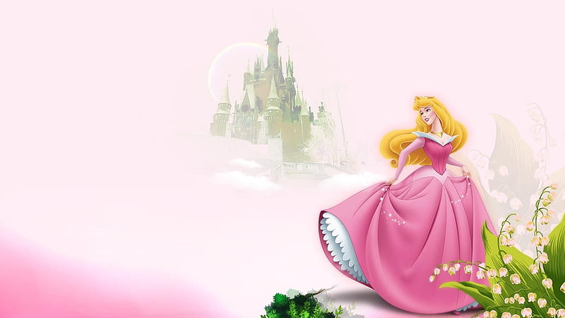 / dress, sleeping beauty, aurora, blonde, child, princess, pink, disney, castle, HD wallpaper