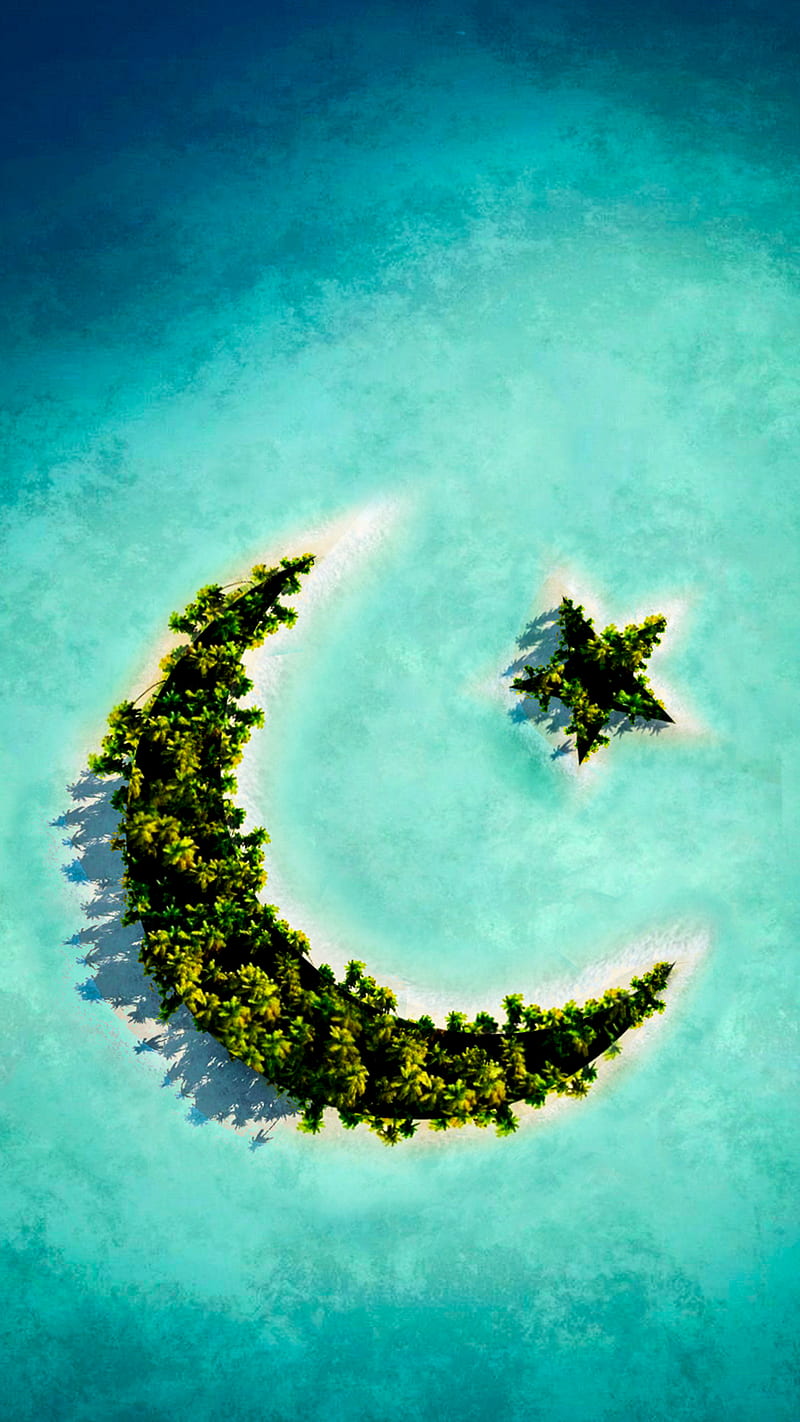 Star Moon Island, blue, green, HD phone wallpaper
