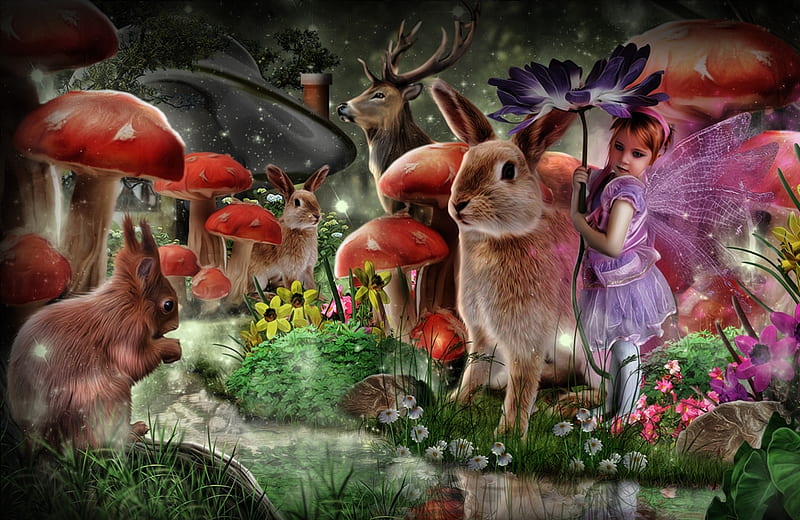 squirrel, luminos, mushroom, fantays, animal, cute, girl, bunny, pink, fairy, HD wallpaper