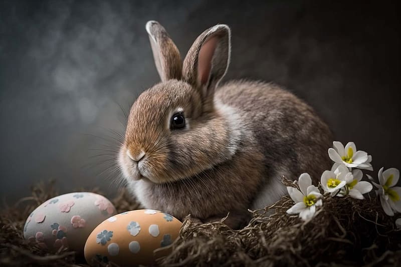 Easter bunny, husvet, tojas, husveti nyuszi, unnep, feher, viragok, HD wallpaper