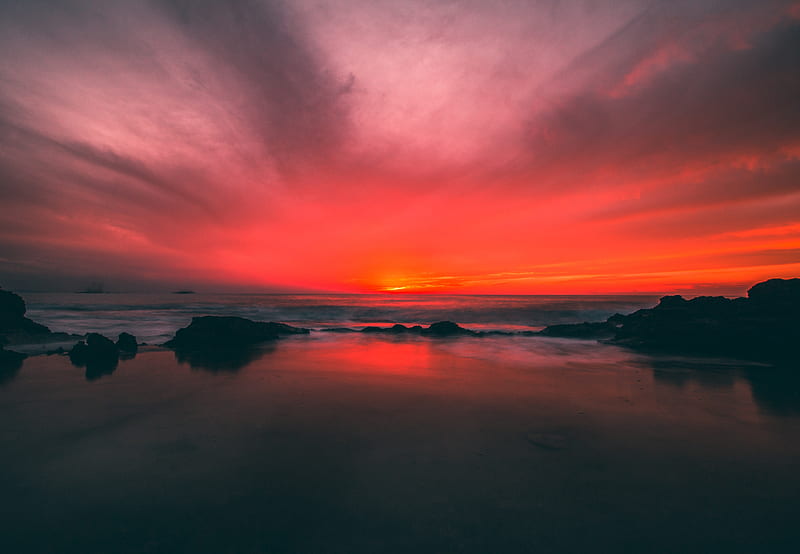 red sky, sunset, horizon, scenic, beach, Landscape, HD wallpaper