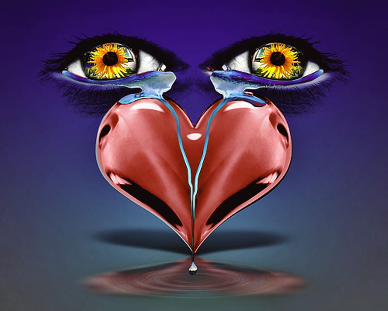 Tears of the Heart, cg, abstract, happy, 3d, love, heart, tears, reflection, eyes, HD wallpaper