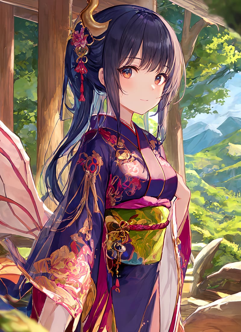 Girl, horns, kimono, anime, HD phone wallpaper | Peakpx