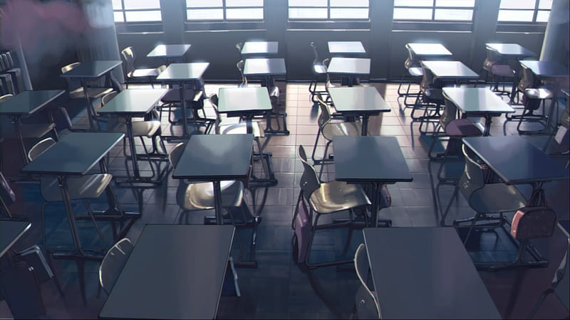 Classroom, class, anime, dark, seats, desk, lights, HD wallpaper