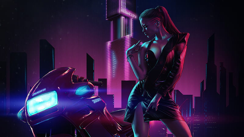 Fantasy girl, luminos, girl, neon, cyber, pink, blue, motorcycle, city, fantasy, bike, HD wallpaper