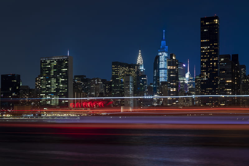 city, buildings, lights, night, new york, HD wallpaper