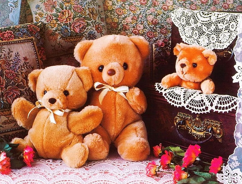 Teddybears, still life, flowers, tableware, bears, artwork, HD wallpaper